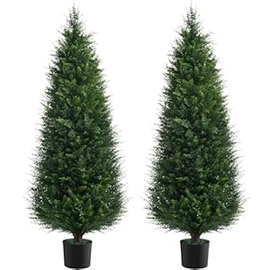 Two 4ft Artificial Plants Topairy Faux Cedar Trees for Outdoor Planters, 48IN Tall Fake Pine Bushes UV Resistant Large Potted Shrubs for Front Porch Décor