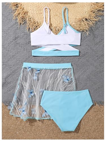 SHENHE Girl's 3 Piece Swimsuit Criss Cross Color Block Bikini Set with Mesh Cover Up Skirt2