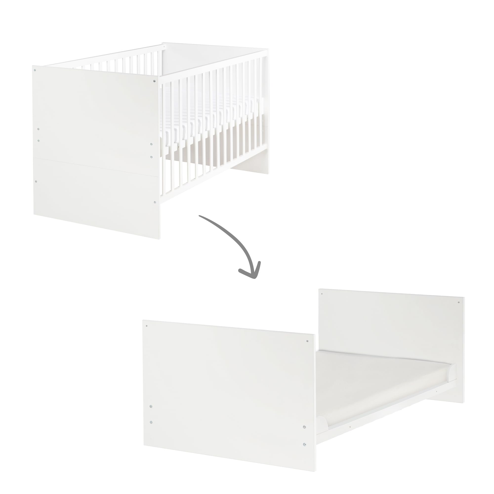roba Cuna Evolutiva 70 x 140 cm Anton - Convertible en Cama Infantil - Ajustable en Altura - Incluye Lados de Conversión - 3 Barrotes Extraíbles - Madera Lacada Blanca