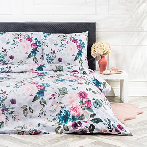VEL VET HOME Bettwäsche 155x220 Baumwolle Bettbezug 155x220 cm mit Kissenbezug 80x80 cm Hohe Qualität Bettwäsche-Set mit Reißverschluss 100% Baumwolle Made in EU Weiß & Blumen 155 x 220