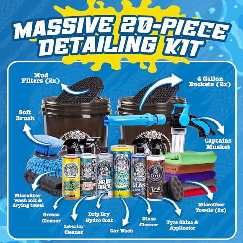 Salty Captain Mega 20-Piece DIY Car Cleaning Kit – All-in-One Car Detailing Kit with 2x Buckets, Towels, Brushes & 6x Cleaning Fluids – Captain’s Musket Foam Gun for Garden Hose – Premium Quality