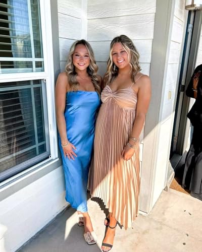 KDTM Tea Length Pleated Satin Bridesmaid Dresses for Women Spaghetti Straps Formal Wedding Guest Midi Dress KD0584