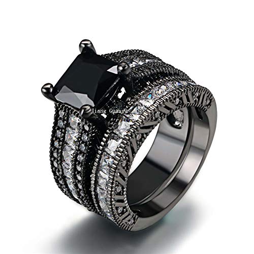 Couple Ring Bridal Sets His And Hers Women Black Gold Filled Square CZ Men Tungsten Carbide Band Wedding Ring Band Set2