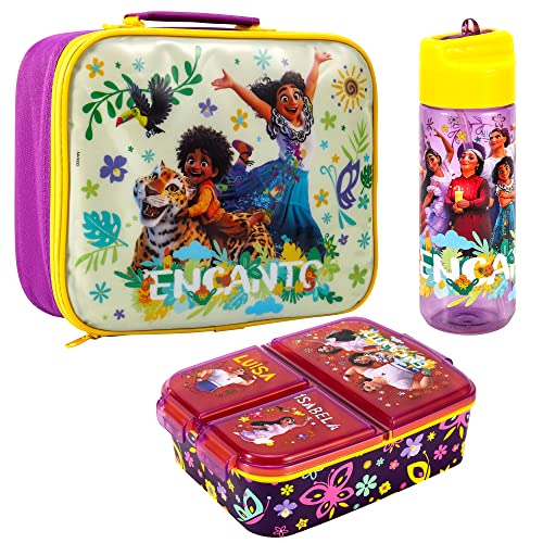 Zawadi Global Encanto - Juego de lonchera para niños, bolsa de almuerzo aislada, lonchera multicompartimento y botella de agua de 540 ml, juego de comida para viajes escolares, sin BPA