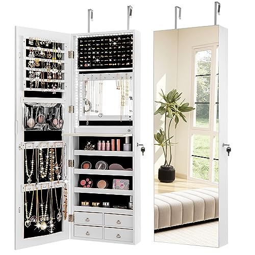 GOPLUS Armoire à Bijoux Murale 2 en 1 avec Miroir, Lumière LED, Tiroirs, Verrouillable, Organisateur de Bijoux sur Porte pour Femmes Filles, Blanc