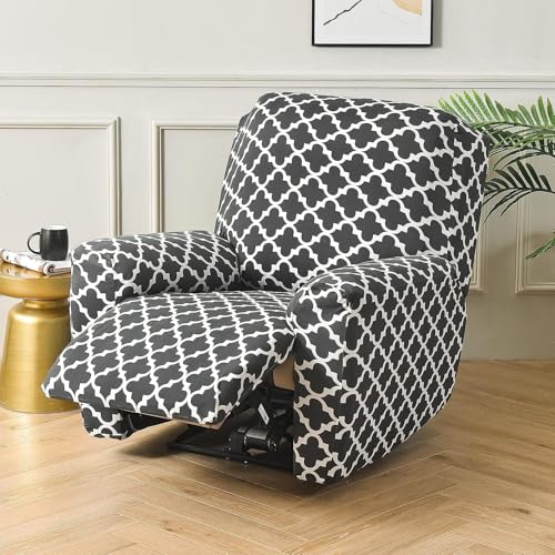 Image of House of Quirk Recliner Slipcover 4 Pieces Stretch Printed Chair Covers with Side Pocket Recliner Sofa Couch Cover Anti-Slip Fitted Recliner Cover Furniture Protector - Black Diamond