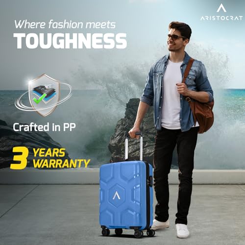 Image of Aristocrat Rock | Cabin Trolley Bag, 55 Cm, Small Hardside Luggage | 4 Wheels, Combination Lock | Polypropylene | Suitcase for Travel | 7 Year International Warranty | Ocean Blue