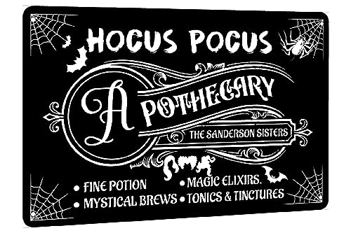 Hocus Pocus Apothecary Targa in metallo retrò vintage in bianco e nero decorazione da parete cartello per interni/esterni casa bar caffetteria festa di Halloween gotico Halloween Art placca 20,3 x