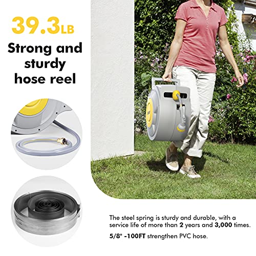 Heavy Duty Hose Reel, 5/8"×100 Ft Retractable Garden Hose Reel Wall Mount With 8 Pattern Hose Nozzle/Auto Rewind/Any Length Lock/180°Swivel Bracket #TOP2