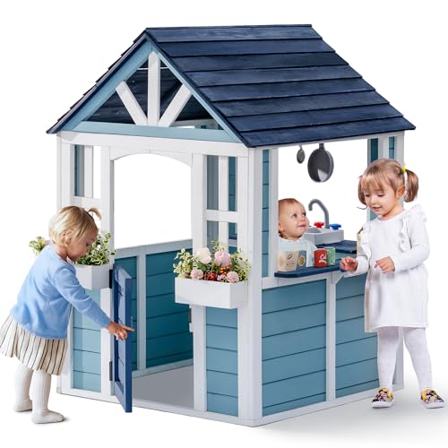 ROBUD Wooden Playhouse, Outdoor Kids Playhouse with Sink, Stove, Cookware, Flowerpot Holders, Snack Bar, Cottage Play House for Backyard, Blue
