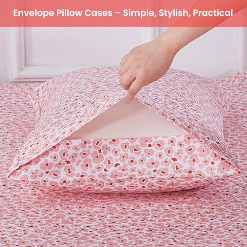 Image of Softan Pink Floral Full Sheet Set, Cozy Microfiber Leopard Printed Fitted Bed Sheet with 15 inch Deep Pockets & Non-Slip Straps, Cute Girls Patterned Double Sheets & Pillowcase Set