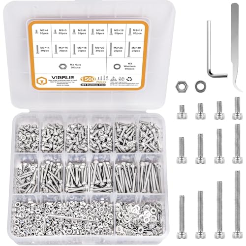 VIGRUE 1500PCS M3 x 4/5/6/8/10/12/14/16/18/20/25/30mm Screws Hex Socket Head Cap Bolts Nuts Kit, M3 Stainless Steel Screws Assortment Set with Allen Wrench and Tip Curved Tweezer