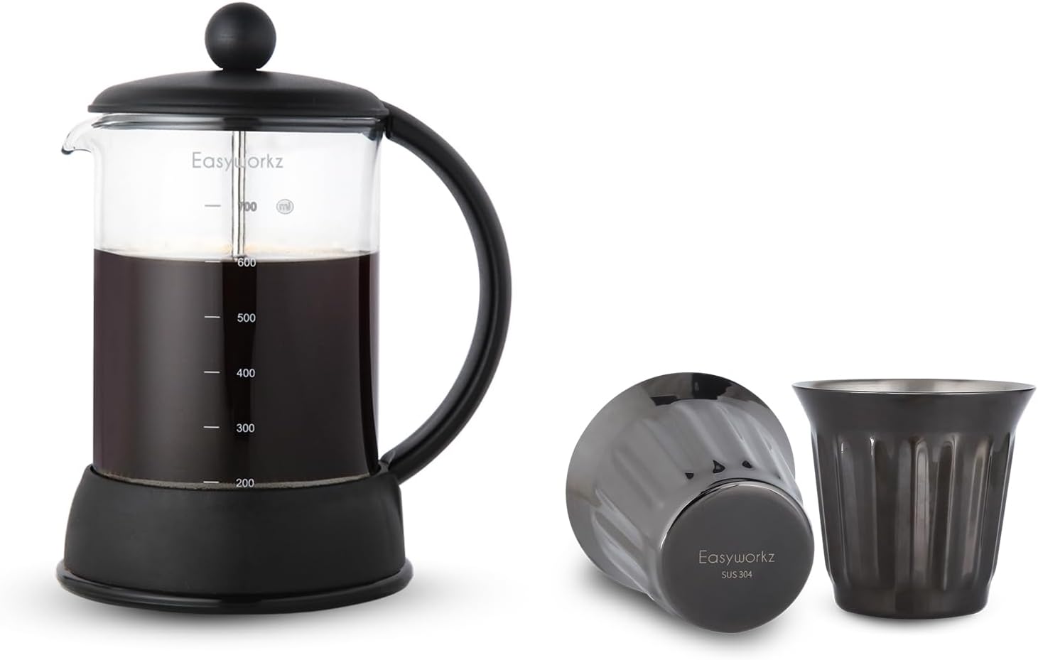 Easyworkz Eclipse French Press 27 oz, Bundled Stainless Steel Double-Wall Espresso Cups 5 oz Set of 2, Vertical Stripe Design, Gunmetal