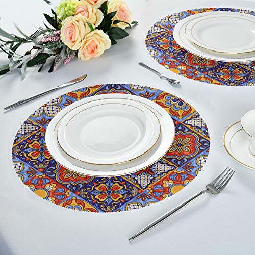 Blueangle Mexican Ceramic Tile Pattern Round Placemats For Dining Table Washable Placemats Non-Slip Heat Resistant Kitchen Table Mats Set Of 6 #TOP5