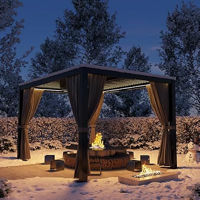 LVUYOYO Louvered Pergola 10' x 13', Outdoor Pergola with Adjustable Roof, Patio Aluminum Frame Metal Gazebo with Curtains and Netting for Patio, Backyard, Garden, Deck (Black)