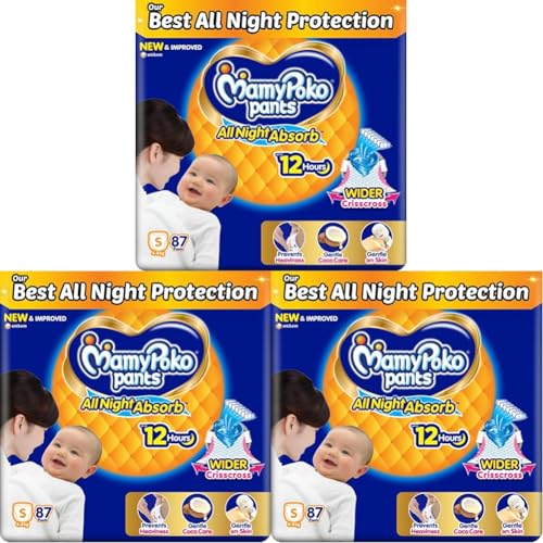 Image of Mamypoko pants All night absorb| Pant Style Baby Diapers Small Size(S), 87 Count, Ideal for 4-8Kgs|1 Diaper: Upto All night Absorption|Wider Crisscross Sheet|Gentle Coco Care| 12hr Leakage Protection| Prevents Heaviness.