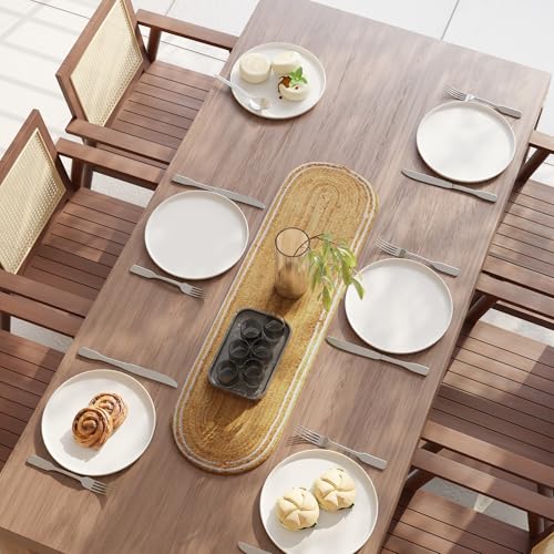 Image of Encasa XO Dining Table Runner | Handmade Woven Natural Jute Runner | Size 30x91 cm | Off White & Jute Natural Bleach Color | Heat Resistant Rustic Home Decor for Coffee, Teapoy Cover & Center Table
