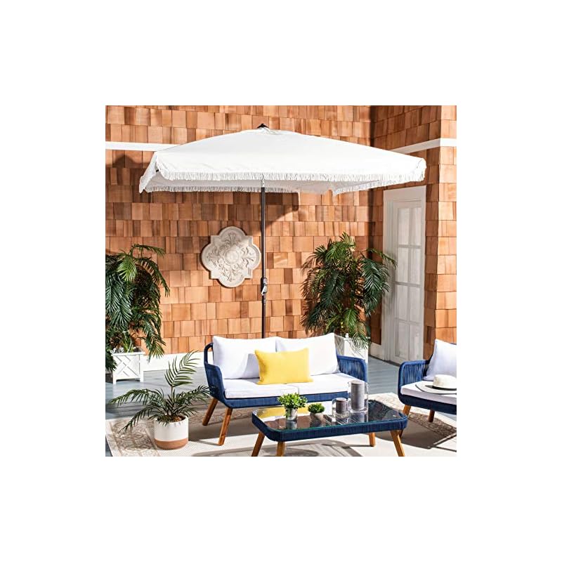 Safavieh PAT8408C Outdoor Milan Fringe White 7'6" Square Crank UV Protected Umbrella