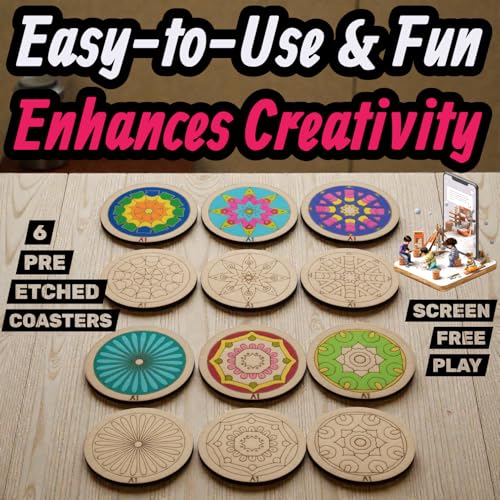 Image of BAGJI TOYS DIY Coaster Painting Kit for Kids & Adults - 6 Pre-Marked Wooden Tea Coasters with Stand, 12 Acrylic Colours & Brush - Mandala Art & Craft DIY Set - Beginner Friendly Painting Craft Kit, Birthday & Gift Activity (MandalaA1)