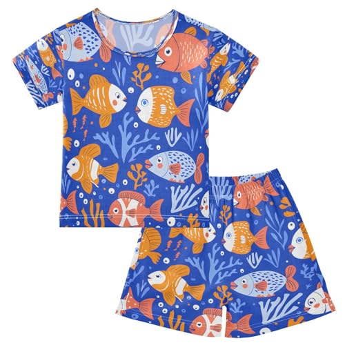 senya Short Sleeve Pajamas Sets Summer Cotton Sleepwear Bule Yellow Fish