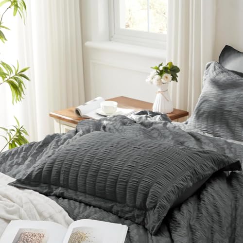 Image of Zzlpp Full Comforter Set 7 Pieces, Dark Grey Seersucker Bed in a Bag with Comforter and Sheets, All Season Bedding Sets with 1 Comforter, 2 Pillow Shams, 2 Pillowcases, 1 Flat Sheet, 1 Fitted Sheet