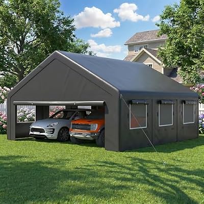 MNLR 20x20 FT Heavy Duty 2 Car Carport Canopy, Outdoor Portable Garage Shelter with 6 Mesh Windows, Removable Sidewalls, Galvanized Steel Frame, Waterproof UV Resistant Car Canopy Tent for Boat, SUV