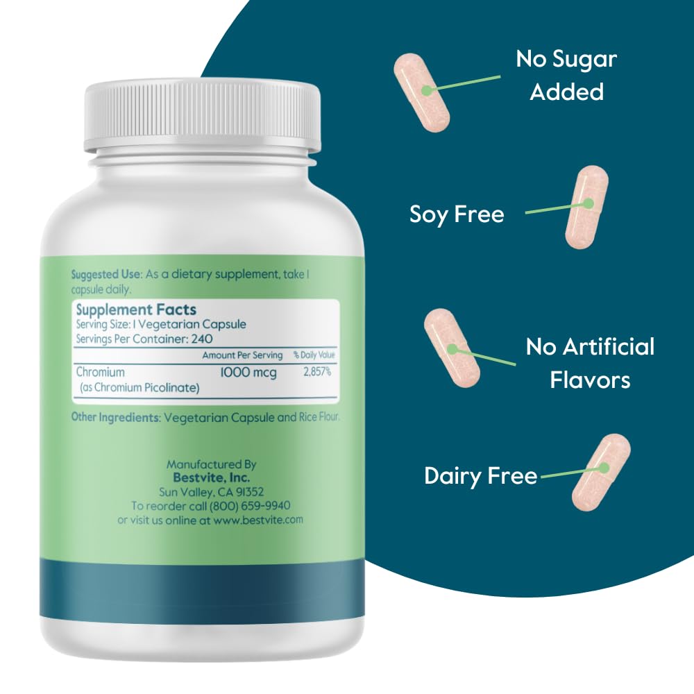 BESTVITE Chromium Picolinate 1000mcg (240 Veg Caps) - No Stearates - Vegan — Amazon image 3