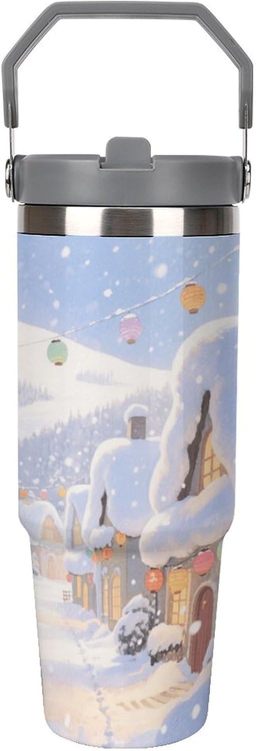 30 Oz Insulated Mug with Handle Lid And Straw Ice And Snow Town Pattern Large Metal Sports Bottle Great for Gifts Parties Office Coffee