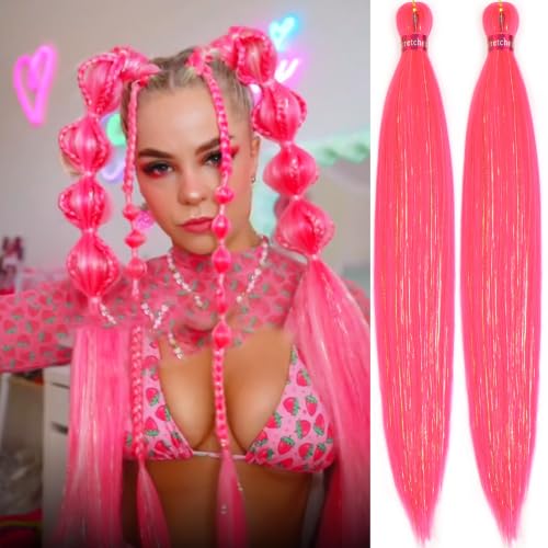 Hot Pink Braiding Hair with Tinsel 30 Inch Pre Stretched Braiding Hair 2 Packs Pre Feathered Hair Extensions Yaki Texture Braids Hair Easy to Use