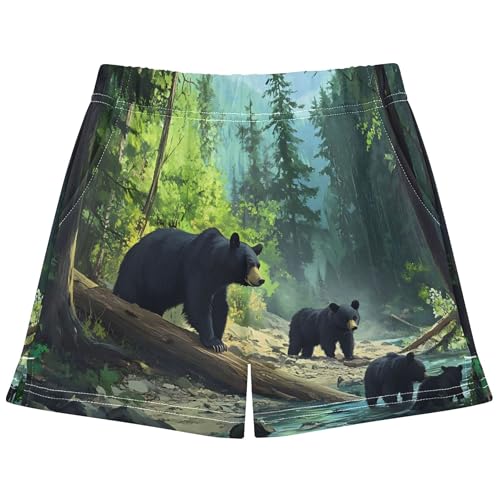 Girls Athletic Shorts Wild Bear Family Forest Stream Print Kids Soft Pajama Sleep Shorts Summer Clothes, X-Small