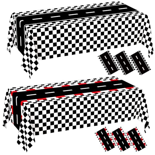 Image of WNINK 6 Pack Race Car Table Cloth and Black White Gingham Tablecloths Disposable Plastic Buffalo Check Tablecloth Checkered Flag Covers for Birthday, Outdoor Picnic, Birthday, Camping 54 x 108 Inch