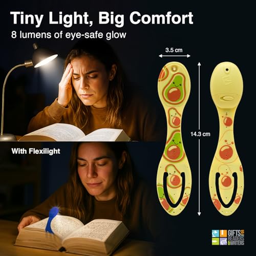 Image of Gifts for Readers & Writers Book Light, Clip On Reading Light for Bed, 2in1 Flexilight & Bookmark, Small & Lightweight with a Soft Glow, 2 Batteries Included, Avocado
