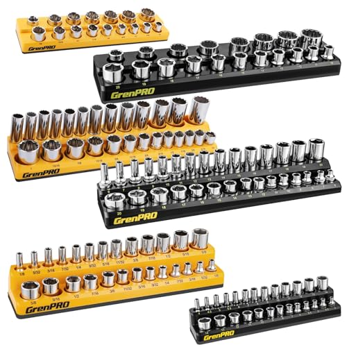 GRENPRO Socket Organizer for Tool Box Drawer, 6pc 143 Metric & SAE Magnetic Socket Holder, 1/4', 3/8', 1/2' Drive Socket Tray Set, Magnetic Socket Organizer
