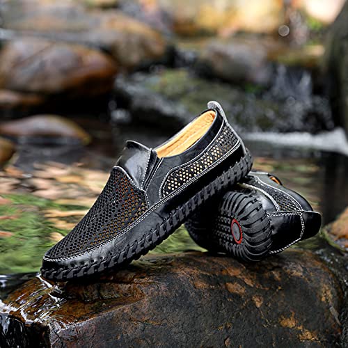 UGOSELEC Men Breathable Leather Sandals Slip On Boat Shoes,Casual Handmade Lightweight Mesh Hollow Flat Driving Shoes Penny Loafers Deck Shoes2