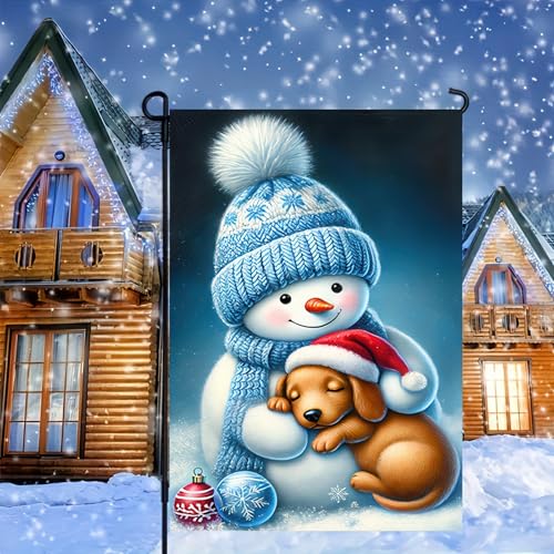 Image of BlissYard Garden Flag Dachshund Snowman Winter 12x18 Inch Polyester