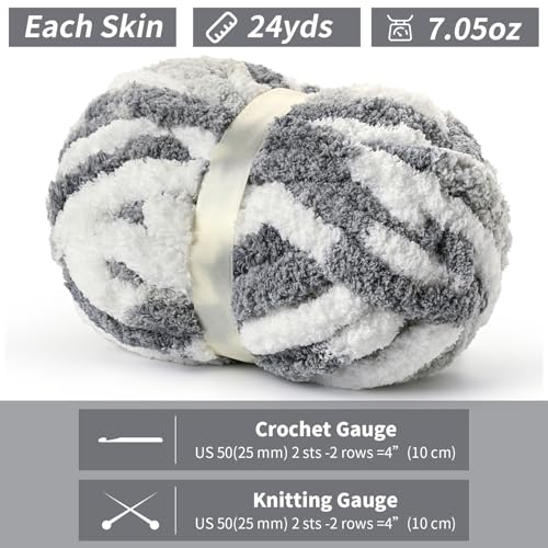 Image of 10 Pack Jumbo Chunky Yarn for Hand Knitting, Fluffy Chunky Chenille Yarn for Crocheting, Variegated Chunky Knit Baby Blanket Yarn, 240 yds /70.5 oz Super Bulky Yarn(White- Grey)