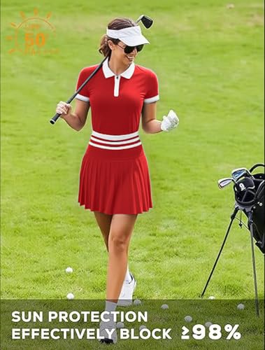 Image of Tennis Skirt Sets for Women Zipper Color Block High Waisted Golf Polo Two Piece Skirt Set Women 2 Piece Outfits