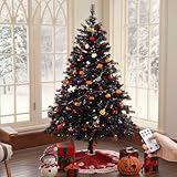 Picture of 6FT Black Christmas Tree Prelit, 1000 PVC Branch Tips & 450 LED Lights & 11 Modes with Remote, Automatic Hinges Effortless Installation, Halloween & All Saints' Day & Christmas Decoration with Stand