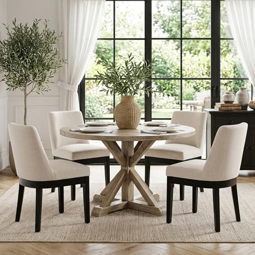 HNY Modern Dining Chairs Set of 4 with Comfortable Back Support, Farmhouse Soft Linen Upholstered Dining Room Chairs with Black Solid Wood Legs, Armless Kitchen Side Chairs for Living Room, Beige