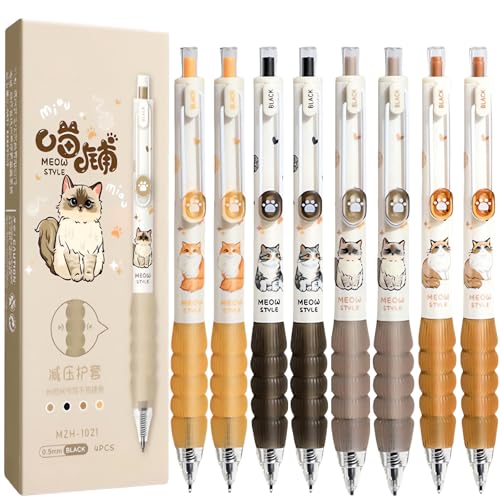 Set de 8 bolígrafos retráctiles de gel diseño gato 0.5mm tinta negra