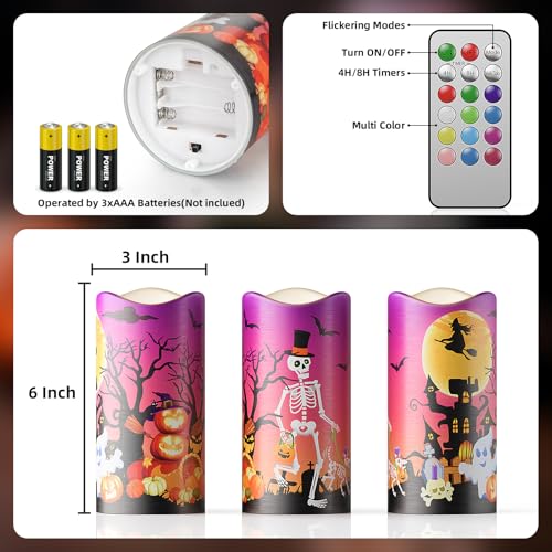 Image of Halloween Candles with 12 LED Light Colors, Battery Operated Flameless Candles, Halloween Decorative Candles with Remote Control Colors and Timer, 3 x 6 Inch, Set of 3