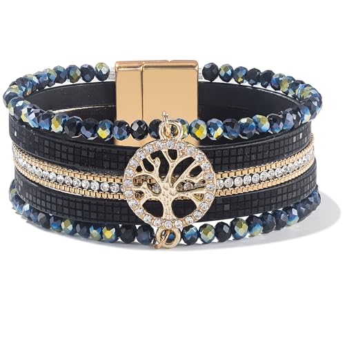 FANCY SHINY Tree of Life Leather Wrap Bracelet Beaded Crystal Bracelet Boho Jewelry Gifts for Women with Magenetic Clasp