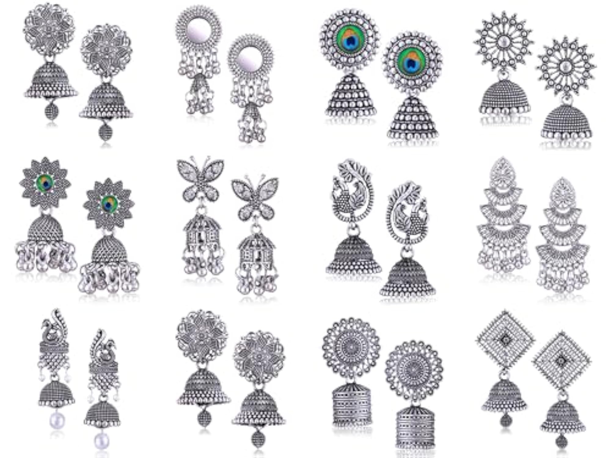 Women's Oxidised Silver Jhumka Earrings Combo Set