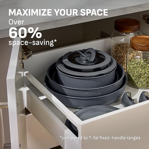 T-fal Ingenio Essentials Cookware Set with Detachable/Removable Handle 11 Piece, Granite Titanium Non Stick, Oven Broiler Safe 500F, Stackable, Pots and Pans Set, Frying Pans, Dishwasher Safe, Gray - Image 5