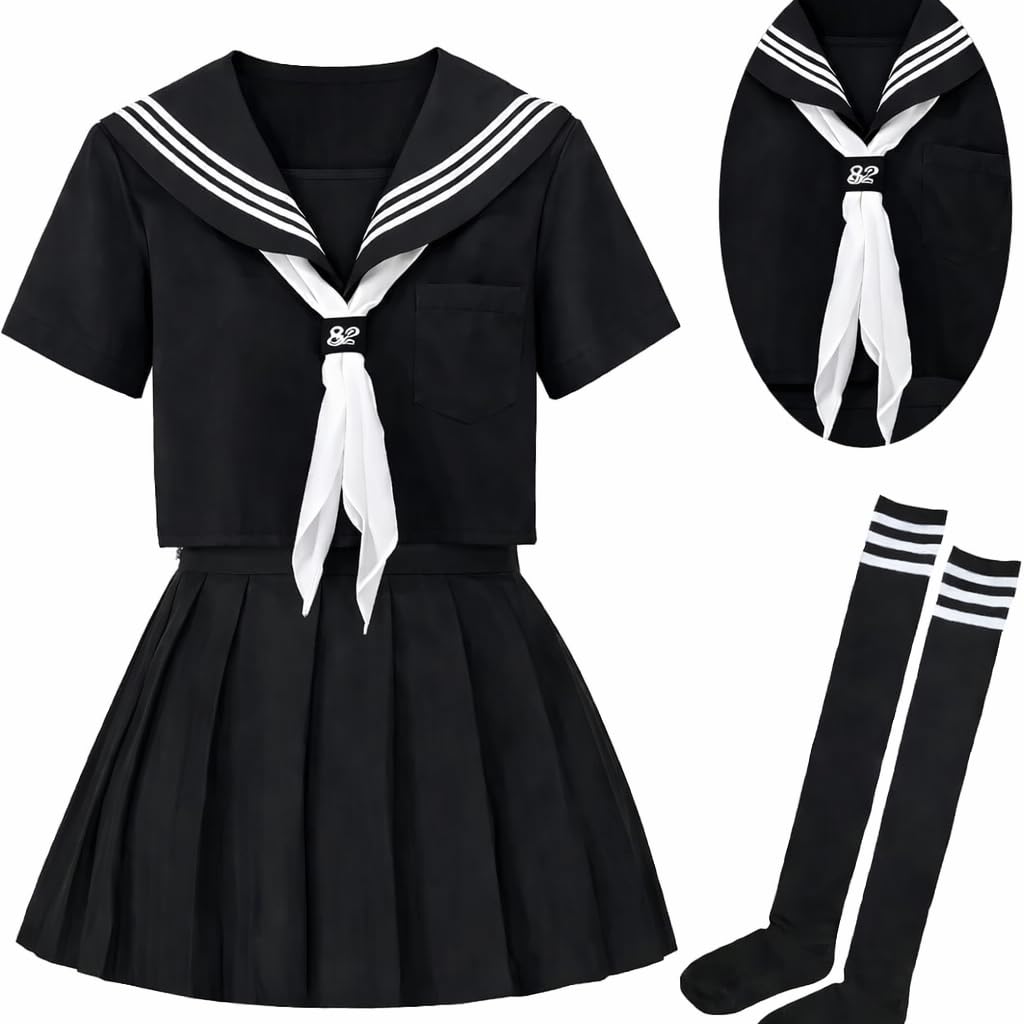 BUITVOZE Black Japanese Sailor Uniform for Women – Long Sleeve 3-Line Top, White Scarf, Skirt & Socks JK Cosplay Outfit (Black Short-Sleeve Shirt, Asia M) — image 1