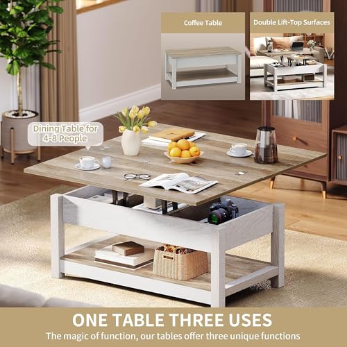 DWVO Lift Top Coffee Tables for Living Room, 3 in 1 Multi-Function Farmhouse Coffee Table with Storage, Wood Coffee Table Center Table with Hidden Compartment, Grey Wash