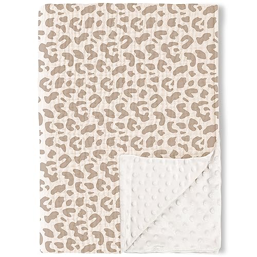 Image of Konssy Baby Blankets for Unisex Boys Girls, Super Soft Nursery Minky Blankets with Muslin Cotton Front and Dotted Fleece Backing, Printed Bed Throws Newborn, Leopard