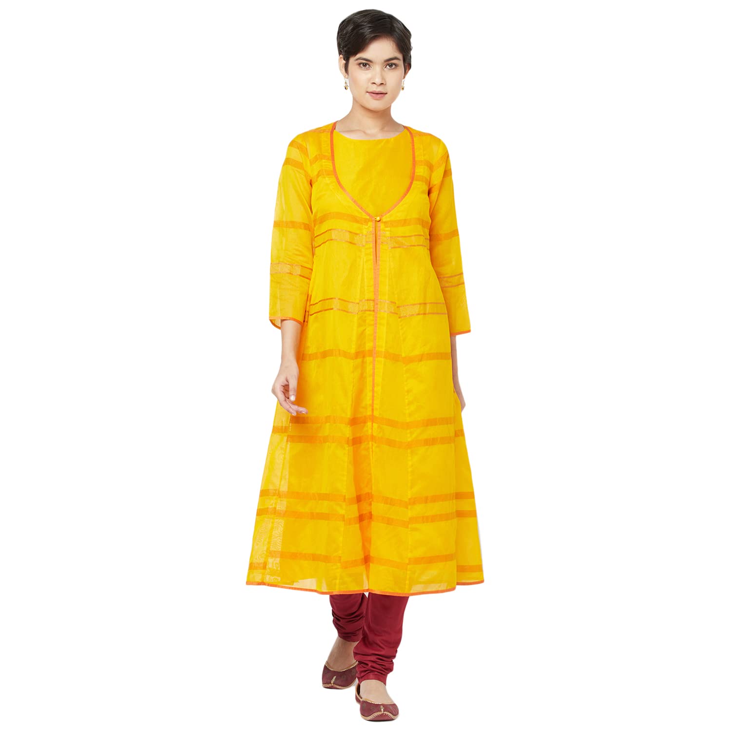 Fabindia Cotton Silk Layered Long Kurta (Yellow-Xl-10703144)