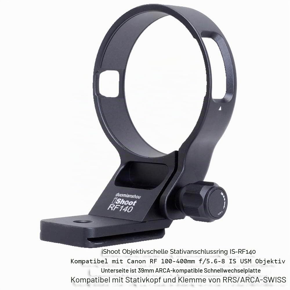 iShoot Stativhalterung, Ringlinsenhalsband, kompatibel mit Canon RF 100–400 mm f/5.6–8 is USM, Objektivhalterung, Unterseite ist Arca-Swiss Fit Schnellwechselplatte Schwalbenschwanznut