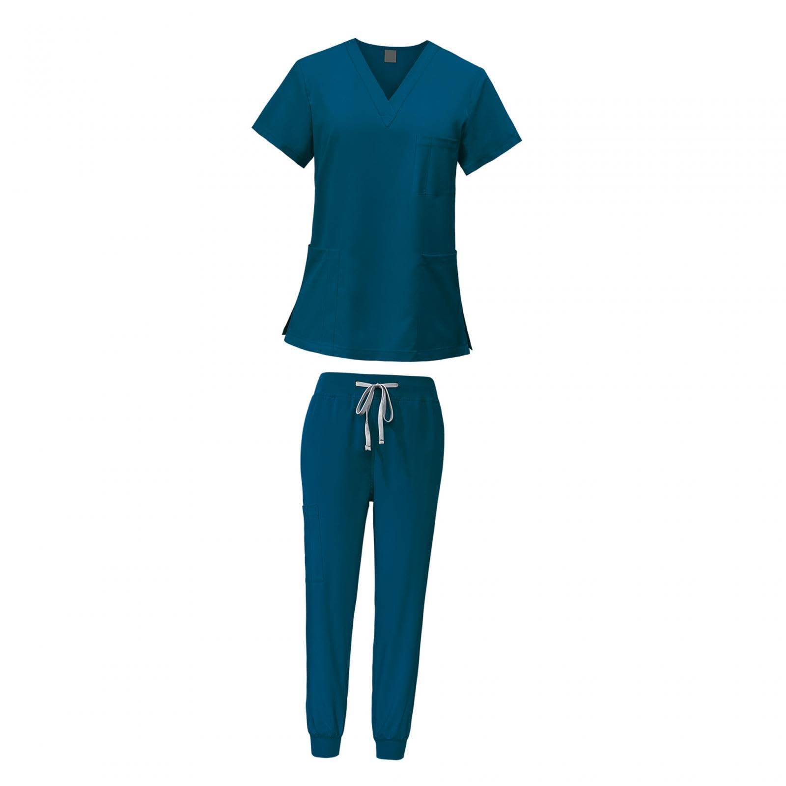 Harilla Peeling-Set für Frauen, Krankenschwester-Arbeitskleidung -Ausschnitt, professionelles maschinenwaschbares Oberteil und Jogginghose, Blau, l